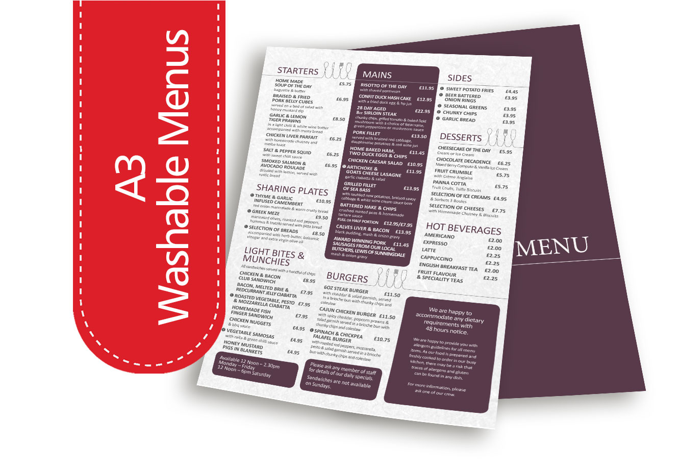 A3 washable and tear proof menus