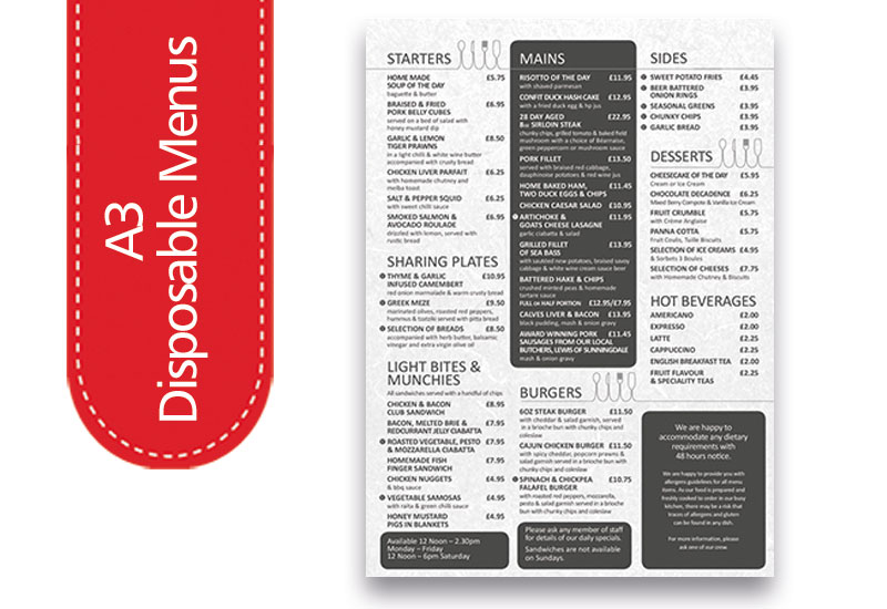a3 Pub disposable menu