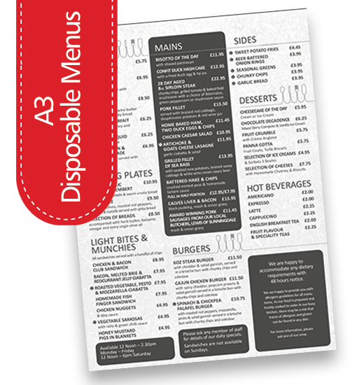 a3 disposable Hotel menus